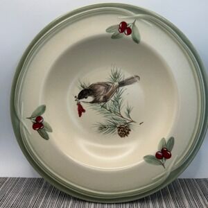 Pfaltzgraff Winterwood Rimmed Soup Bowl Chickadee Bird Pinecone Stoneware 9.25in